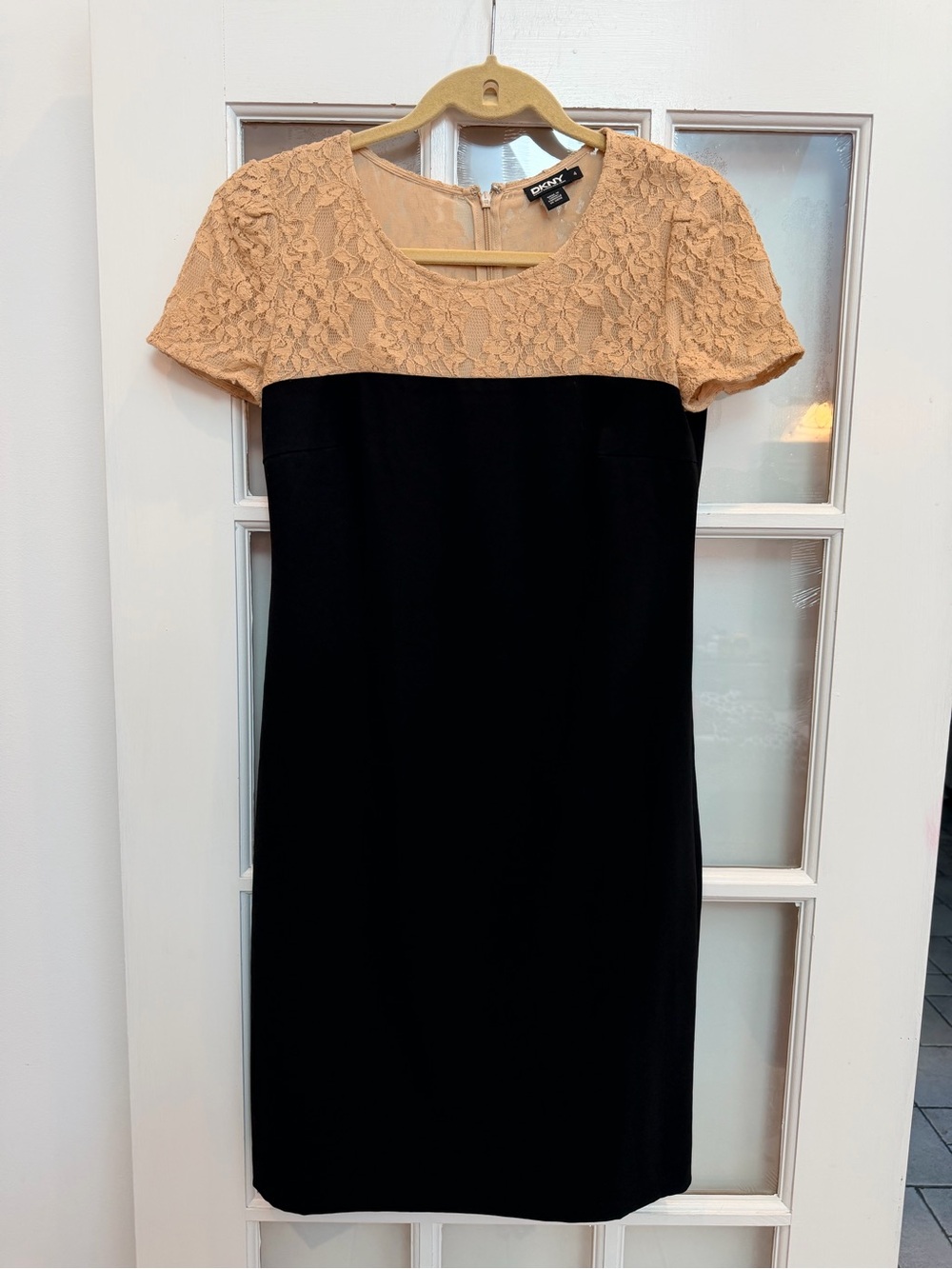 Vintage DKNY Y2K Chic Feminine Black Dress Tan Floral Lace Yoke Size 4 Small